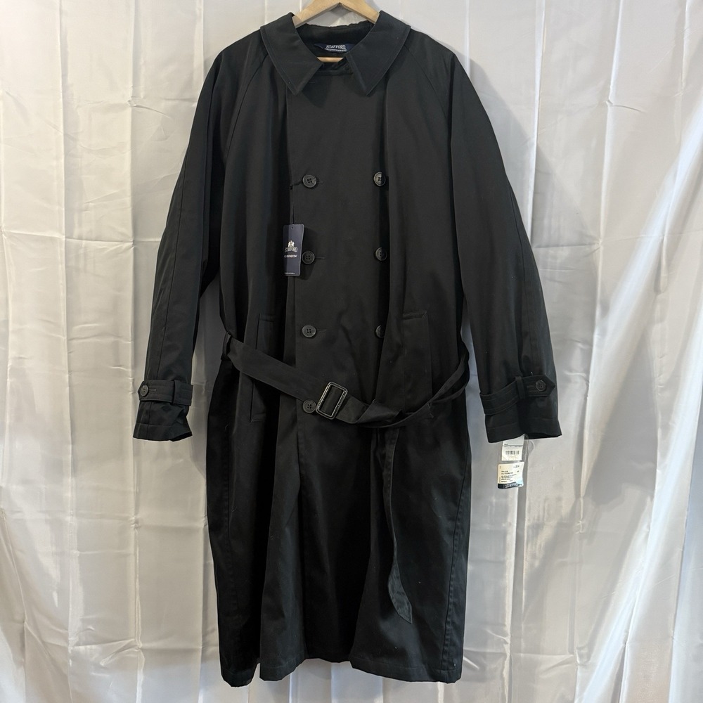 Stafford All Weather Mens Trench Coat‎ Size 44L Zip Out Liner Black Overcoat New